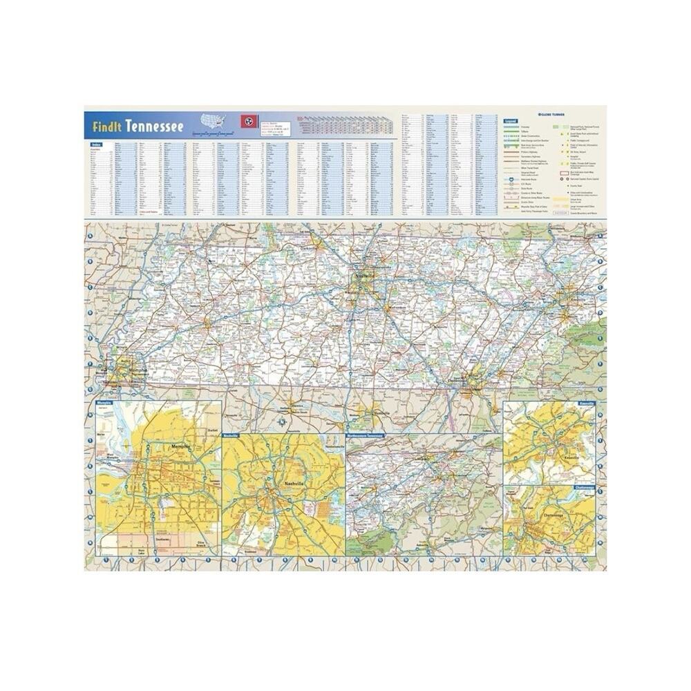 Globe Turner Tennessee State Wall Map 20.75x18.5 Laminated Full Color Street Map